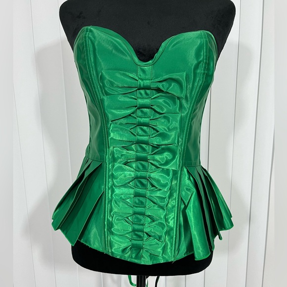Bright Green Satin Peplum Style Bow Accented Strapless Lace Up Corset Top XL - Picture 4 of 11